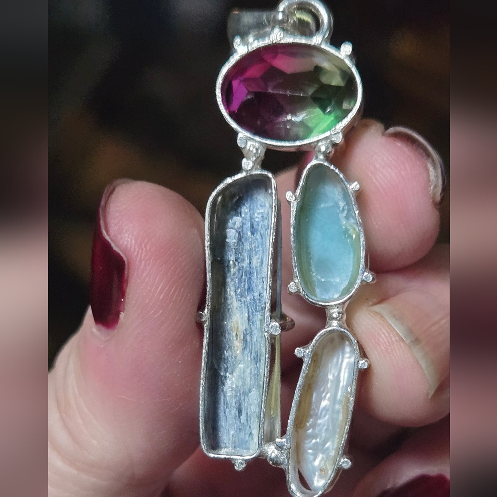 Watermelon tourmaline Larimar pearl & kyanite sterling pendant - Picture 6 of 7